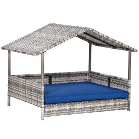 Pet House Wicker, Rattan Bed for Indoor/Outdoor with Water-Resistant and Removable Cushions, Elevated Bottom, Dark Blue